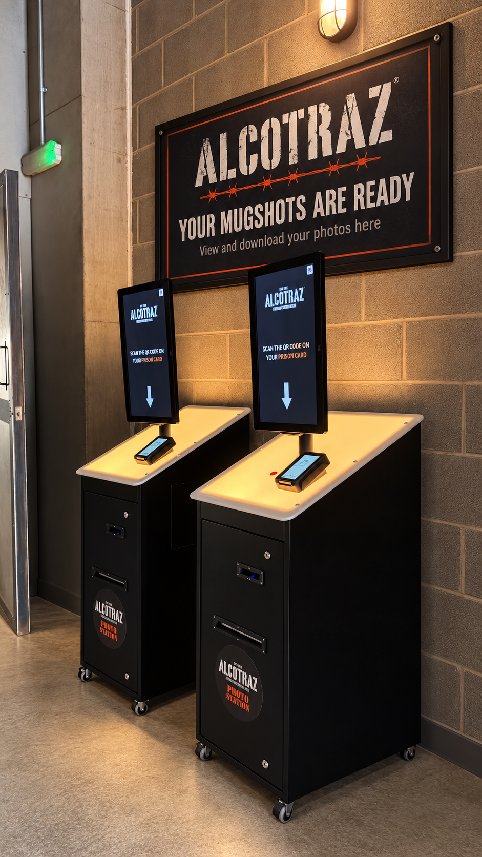 Illustrative Alcotraz photo sales station with branded wall signage