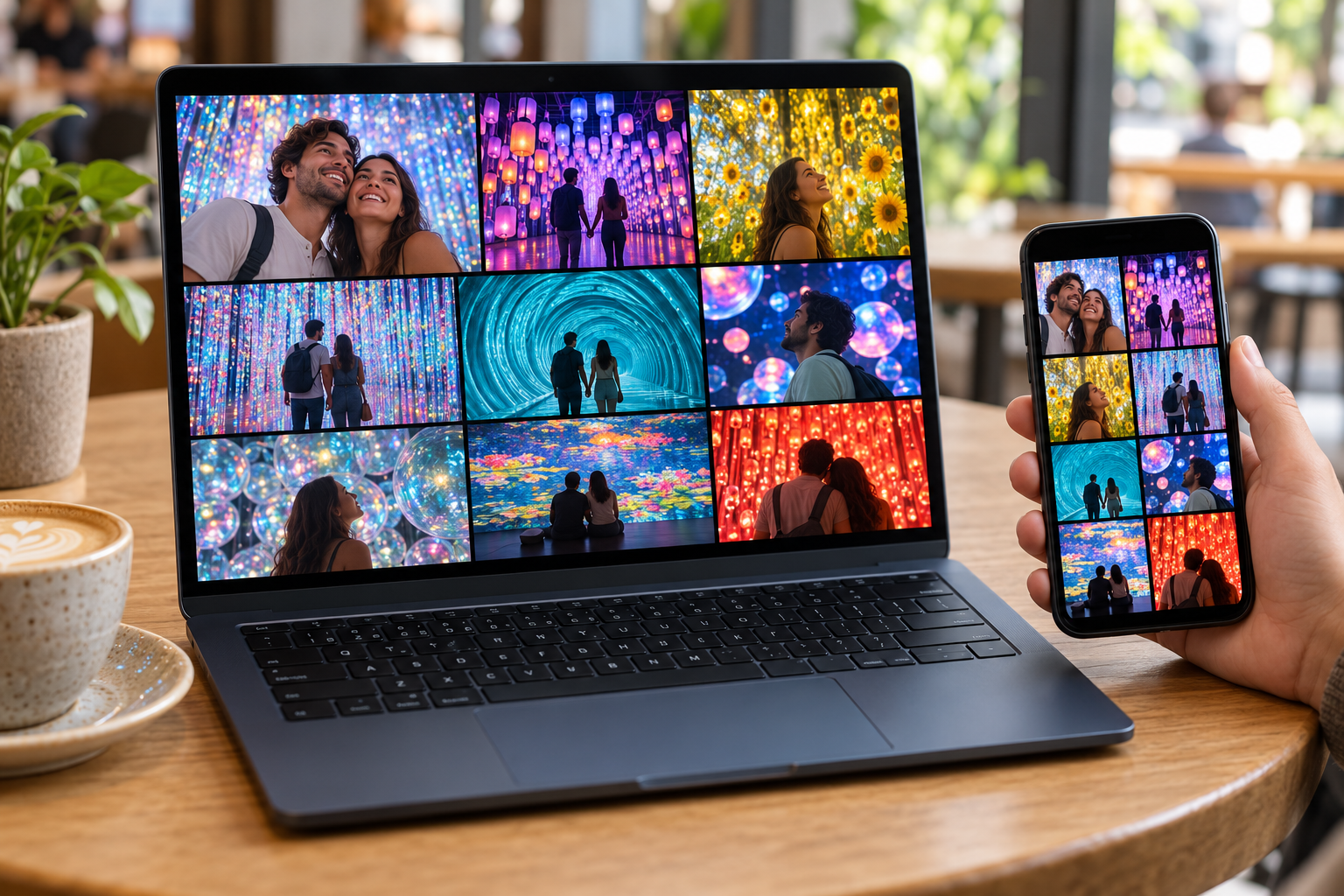 Illustrative photo gallery displayed across a laptop and phone
