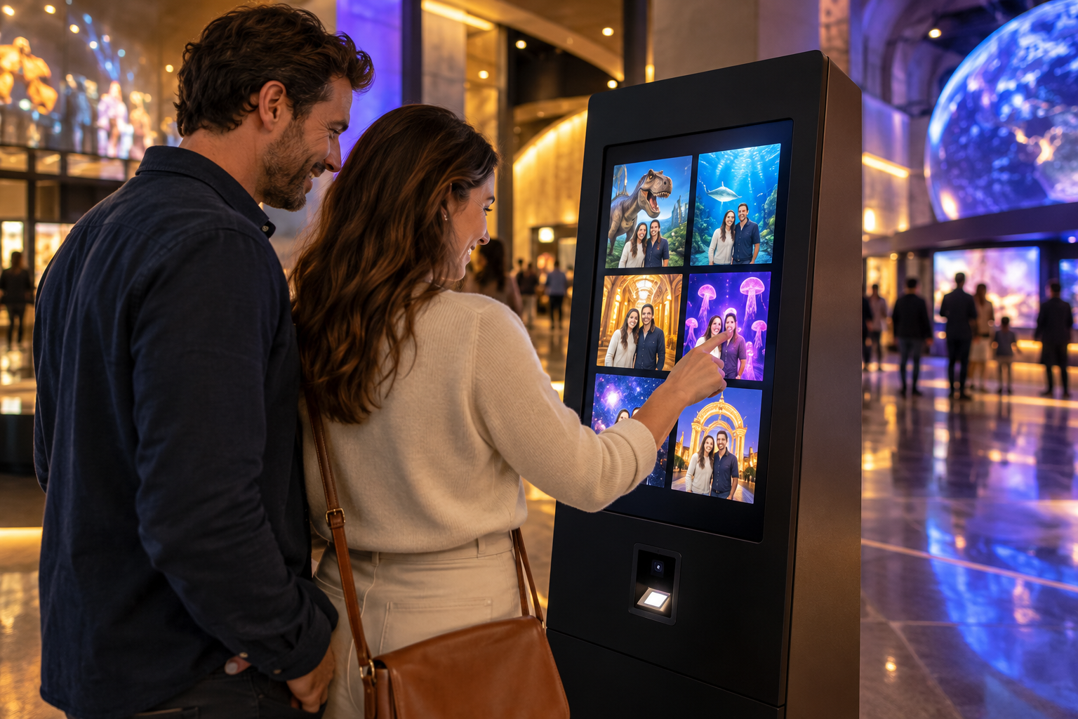 Illustrative scene of guests browsing souvenir photos at a self-service kiosk