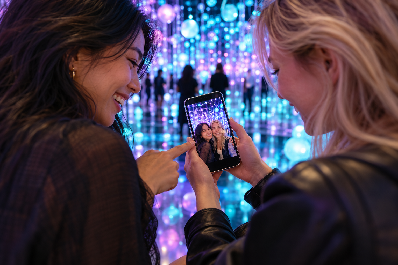 Illustrative scene of friends enjoying their souvenir photo on a phone