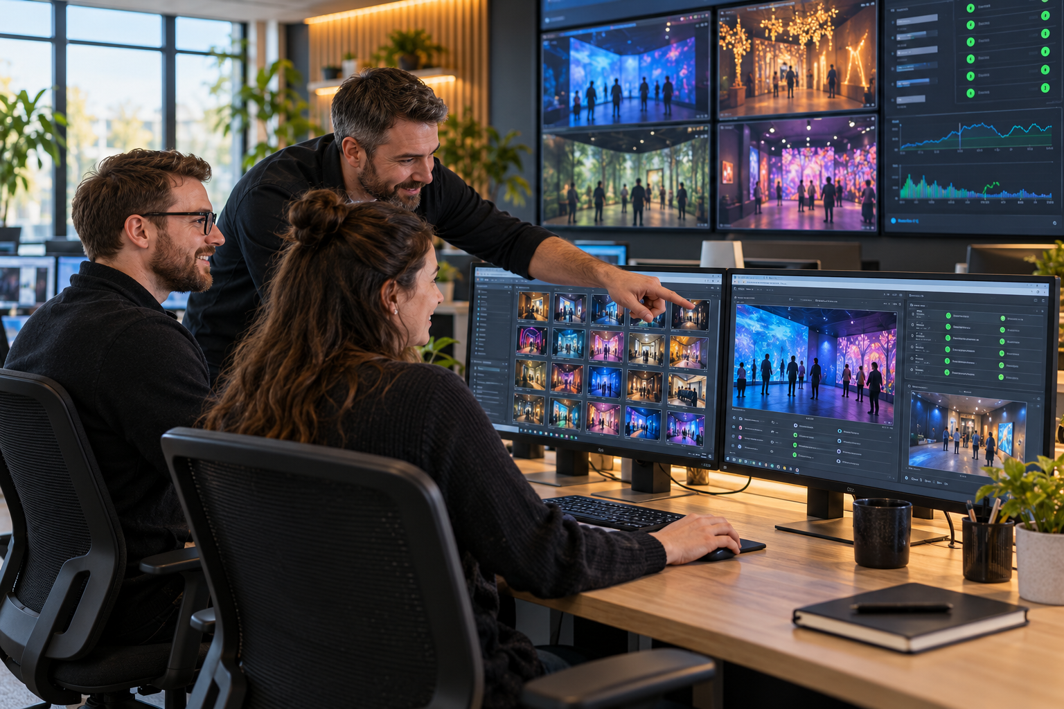 Illustrative technical support team monitoring photography systems on computer screens